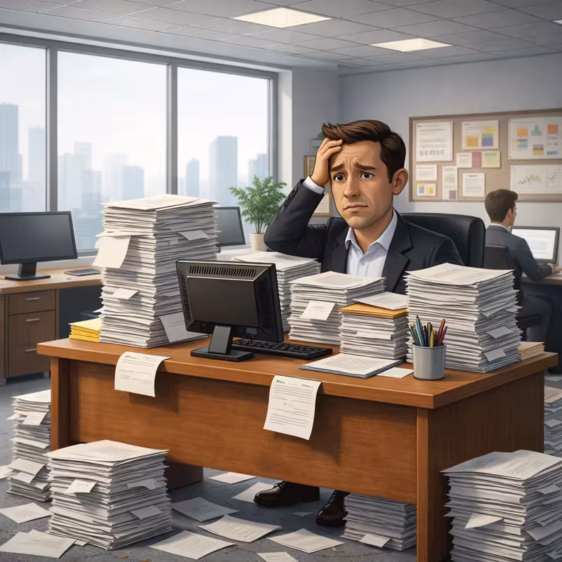 Before Bonehead - stressed business owner drowning in paperwork